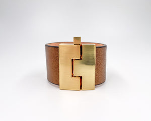 Cognac Metallic Leather Wide Jigsaw Cuff