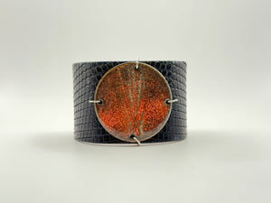 SALE Fire on Black Lizard skin narrow Enamel Cuff