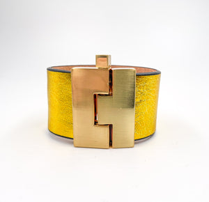 SALE Bright Metallic Yellow Smooth Leather Wide Jigsaw Cuff