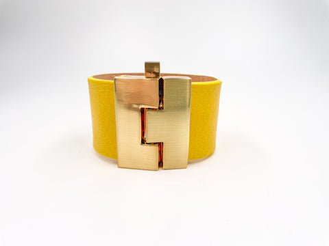 SALE Yellow Pebbled Leather Wide Jigsaw Cuff