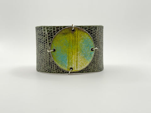 SALE Key Lime on Olive Marked Lizard skin narrow Enamel Cuff