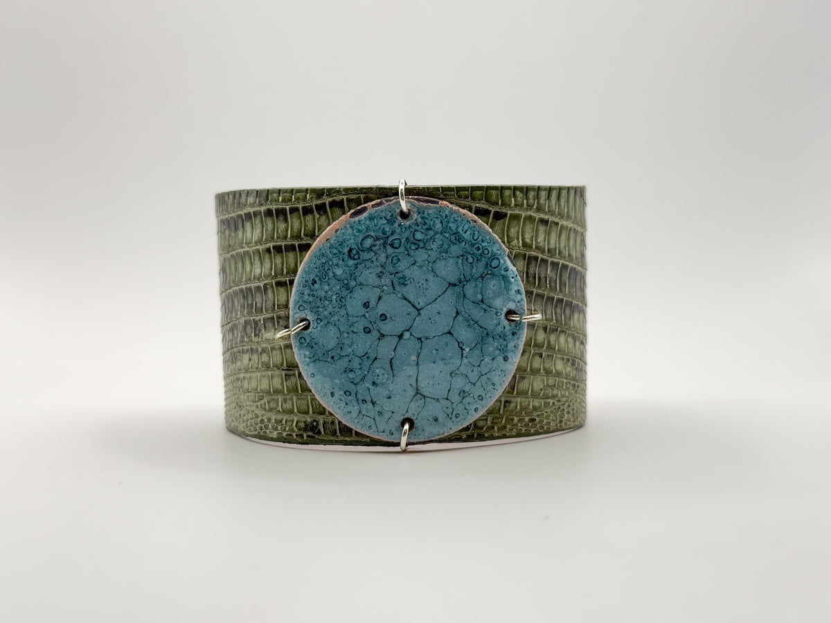 SALE Lagoon on Olive Marked Lizard skin narrow Enamel Cuff – LeighElena