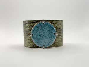 SALE Lagoon on Olive Marked Lizard skin narrow Enamel Cuff