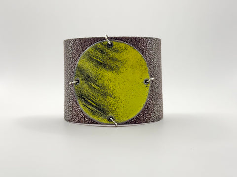 SALE Key Lime on Metallic Chocolate leather Wide Enamel Cuff
