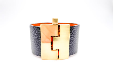 Black Smooth Leather Wide Jigsaw Cuff