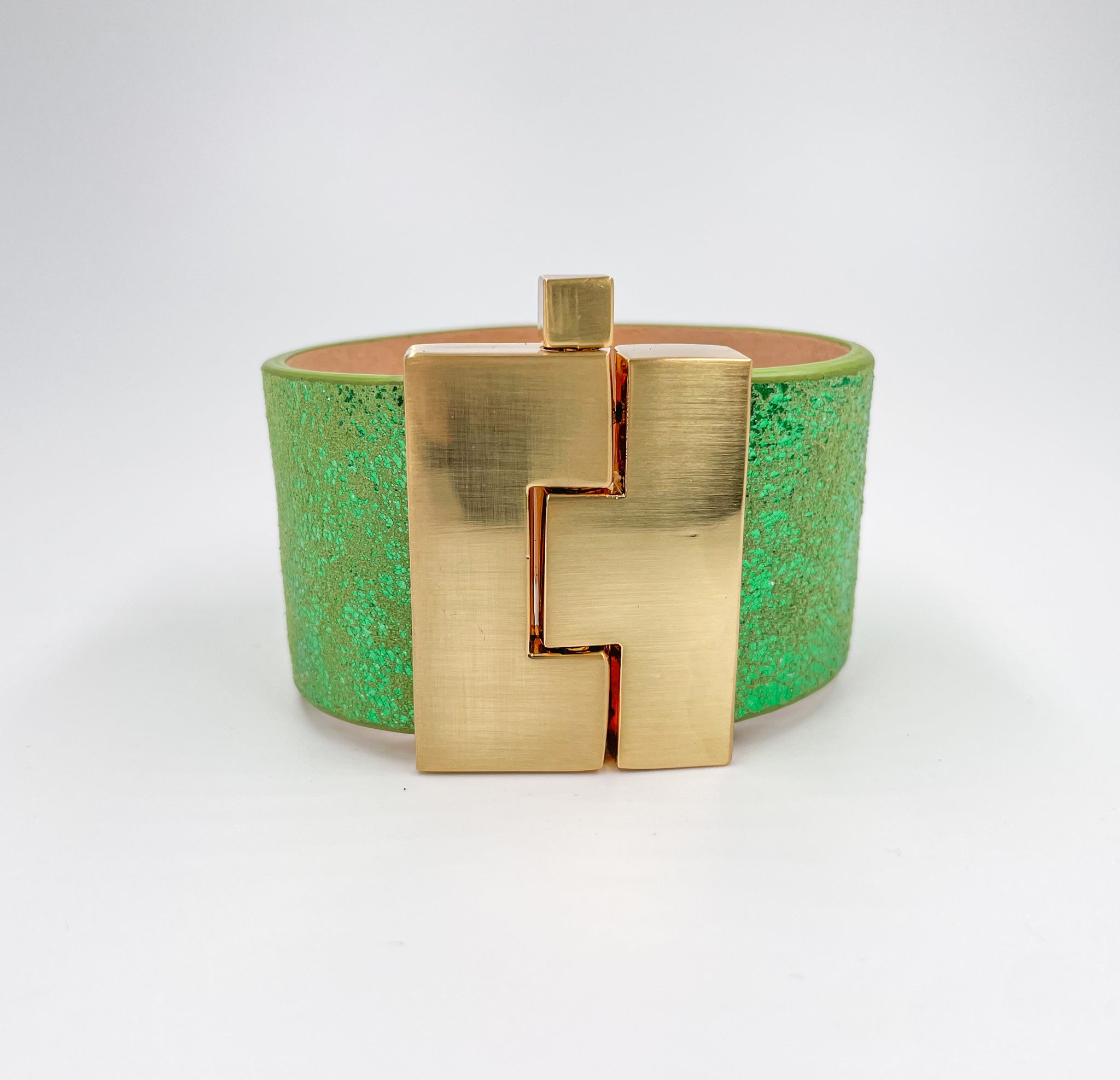 SALE Metallic Soft Green Leather Wide Jigsaw Cuff