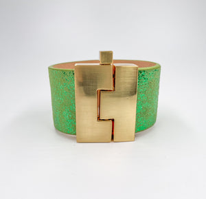 Metallic Soft Green Leather Wide Jigsaw Cuff