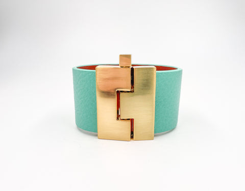 SALE Seafoam Pebbled Leather Wide Jigsaw Cuff