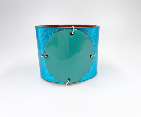 Sale Turquoise on turquoise metallic leather Wide Enamel Cuff