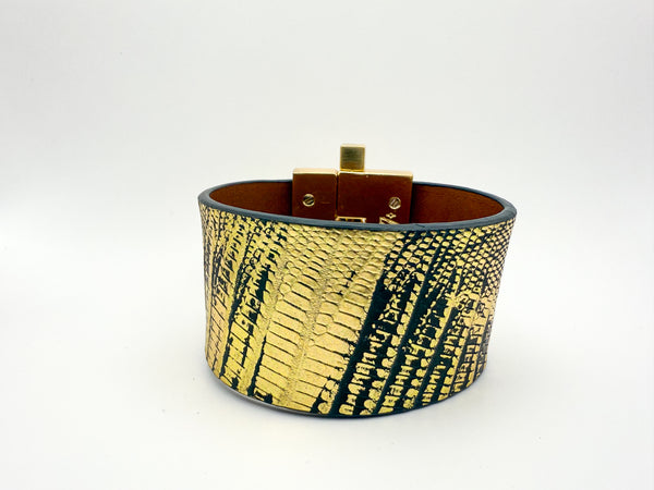 NEW Wide Metallic Gold and Black Lizard Jigsaw Cuff