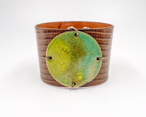 SALE Neon and Mint green  on Taupe Lizard skin narrow Enamel Cuff