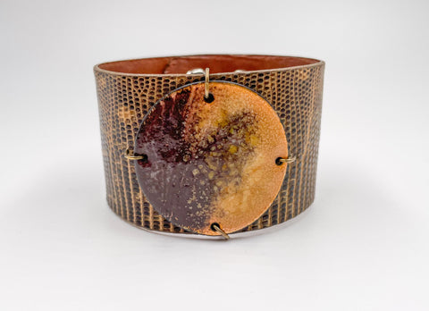 SALE Nude and Chocolate on Beige Marked Lizard skin narrow Enamel Cuff