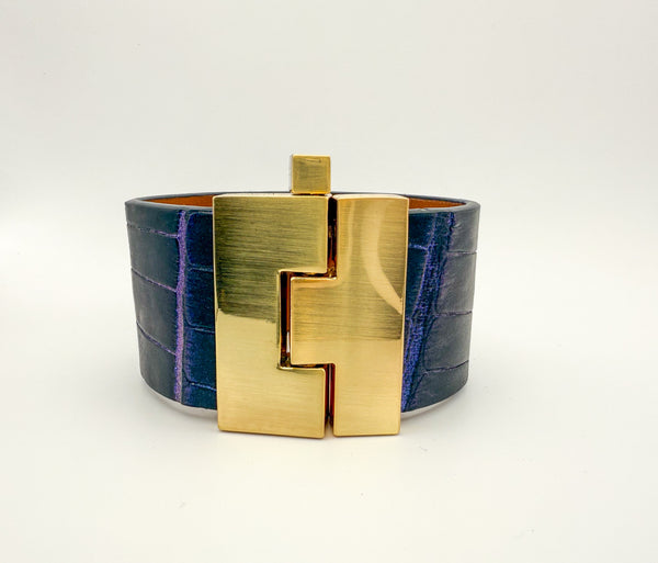 NEW Blue Glitter on Black Alligator Wide Jigsaw Cuff