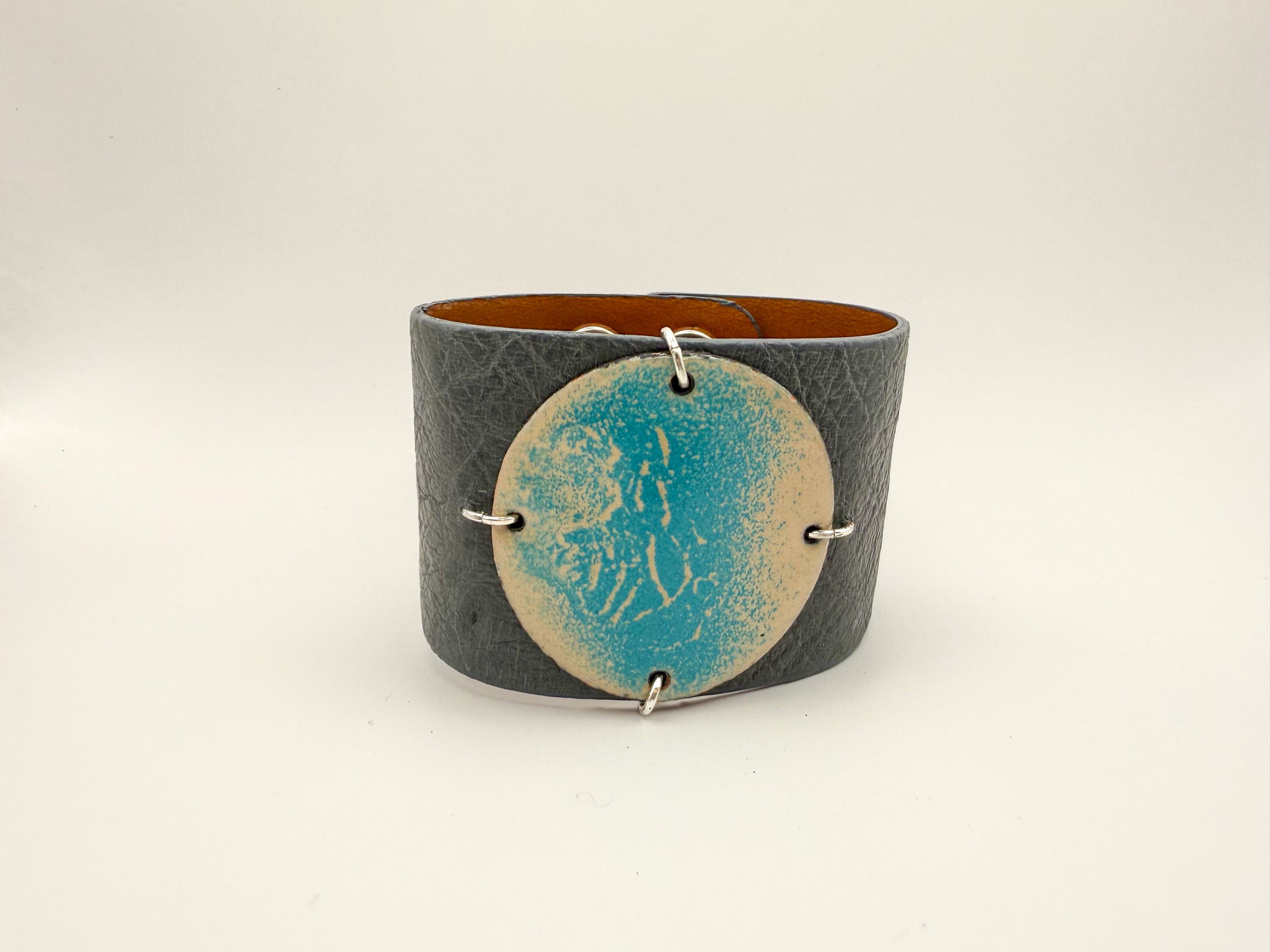 SALE Turquoise on Grey Ostrich skin narrow Enamel Cuff