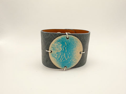 SALE Turquoise on Grey Ostrich skin narrow Enamel Cuff