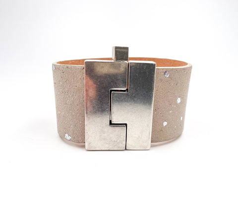 SALE Grey Suede with Metallic Silver Spray Leather Wide Jigsaw Cuff