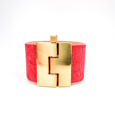 SALE Metallic Soft Red Leather Wide Jigsaw Cuff