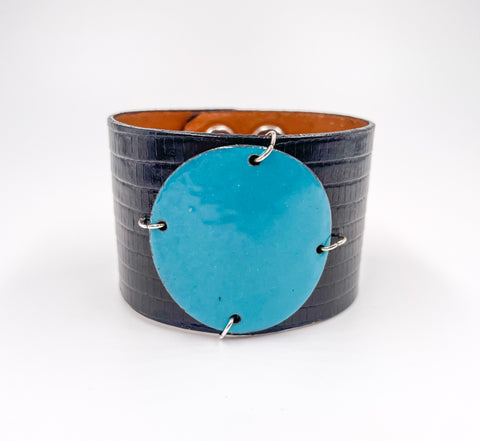 SALE Turquoise on Black Lizard skin narrow Enamel Cuff