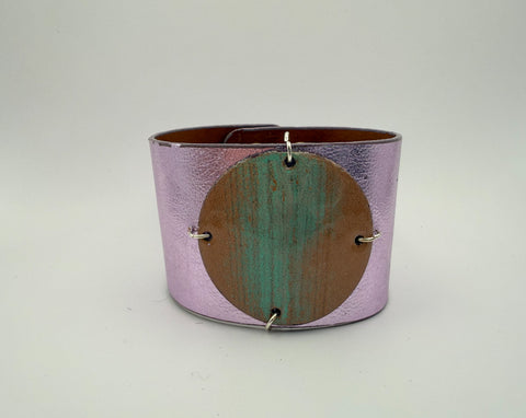 SALE Beach on metallic pink leather skin narrow Enamel Cuff