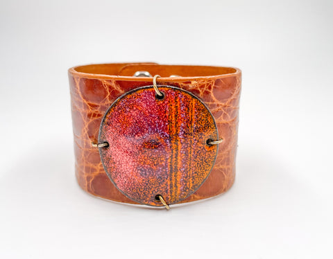 SALE Melon on Camel Crocodile skin narrow Enamel Cuff