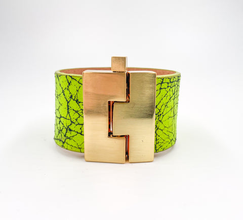 SALE Neon Green Crackled Leather Wide Jigsaw Cuff