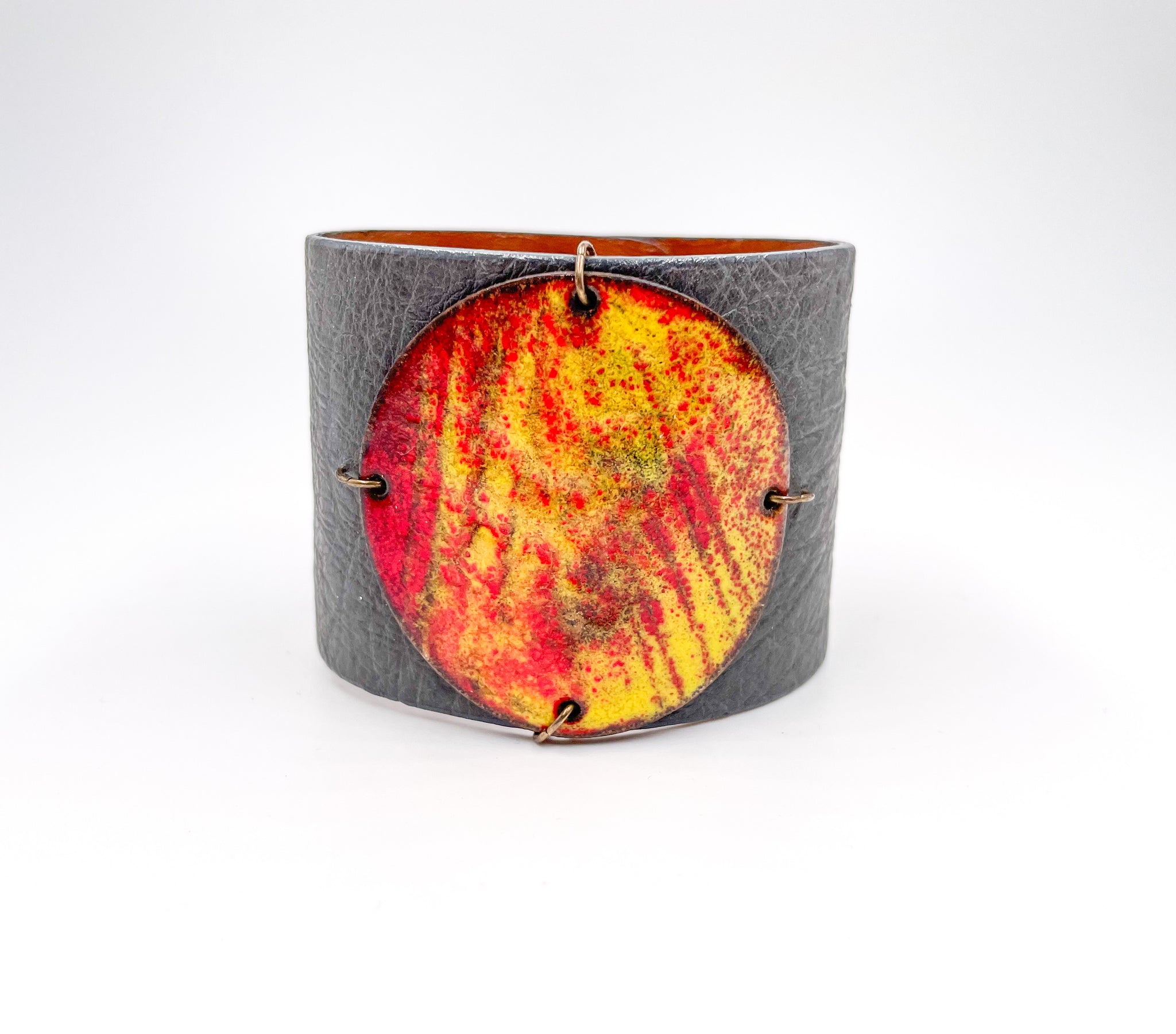 SALE Red/yellow on Grey Ostrich Wide Enamel Cuff