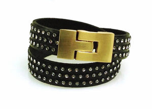 Double Jigsaw Bracelet Black Leather Crystal