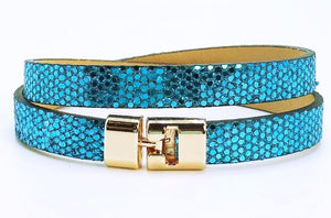 Double T-Bar Bracelet Blue Glitter Leather