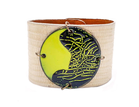 SALE Neon green and black on Ivory Lizard skin narrow Enamel Cuff