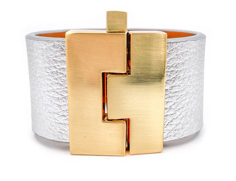 SALE Silver Metallic Pebbled Leather Wide Jigsaw Cuff