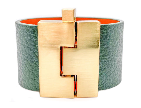 Pine Green Leather Wide Jigsaw Cuff