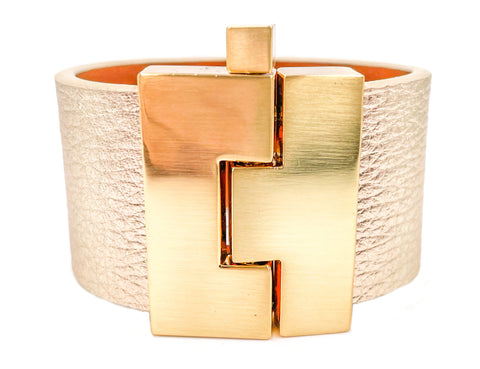 Gold Metallic Pebbled Leather Wide Jigsaw Cuff