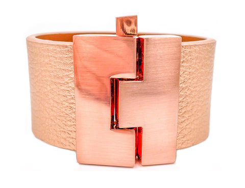 Rose Gold Metallic Pebbled Leather Wide Jigsaw Cuff