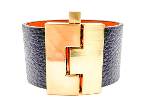 Black Leather Wide Jigsaw Cuff