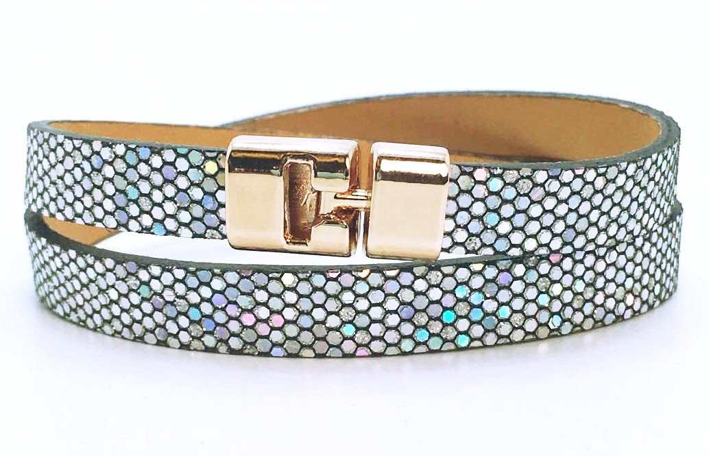 Double T-Bar Bracelet Silver Glitter Leather