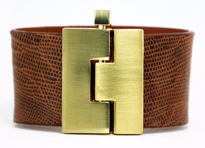 Wide Cognac Lizard Jigsaw Cuff