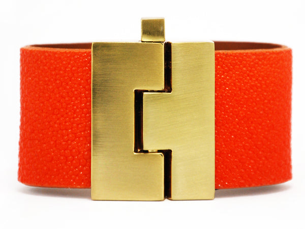 Wide Orange Natural Stingray Jigsaw Cuff