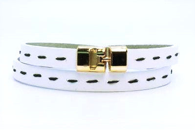 Double T-Bar Bracelet White Stitch Leather